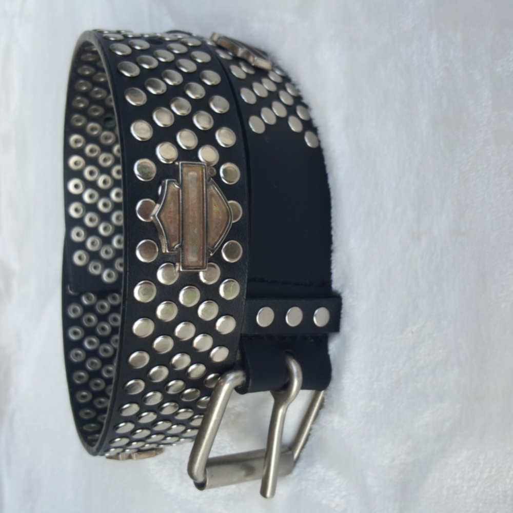 HARLEY-DAVIDSON ♡ Sweet Vintage Black Leather Belt w/Metal H-D B&S 'n Grommets S